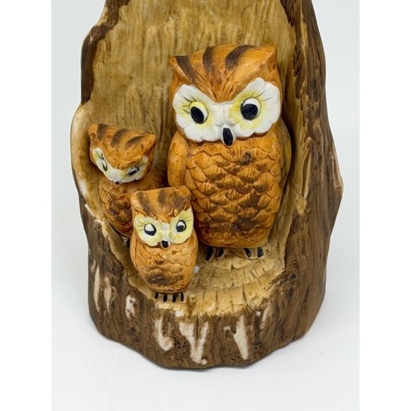 VTG Ceramic Owl Figurine Mama & Chicks in Log 5.5" Brown Kitsch Bird Ornament - Picture 3 of 8